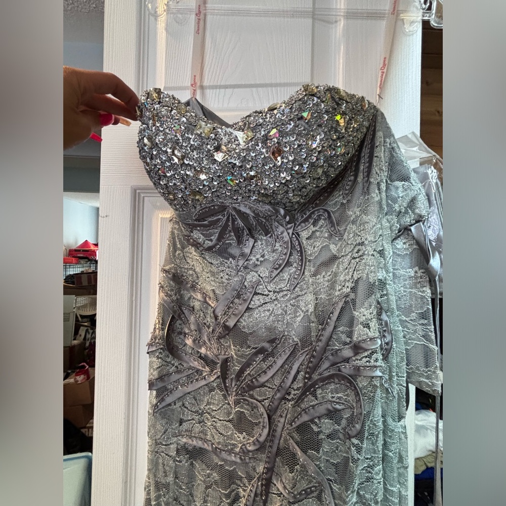 Prom girl silver and rhinestone mermaid dress with lace up back size medium